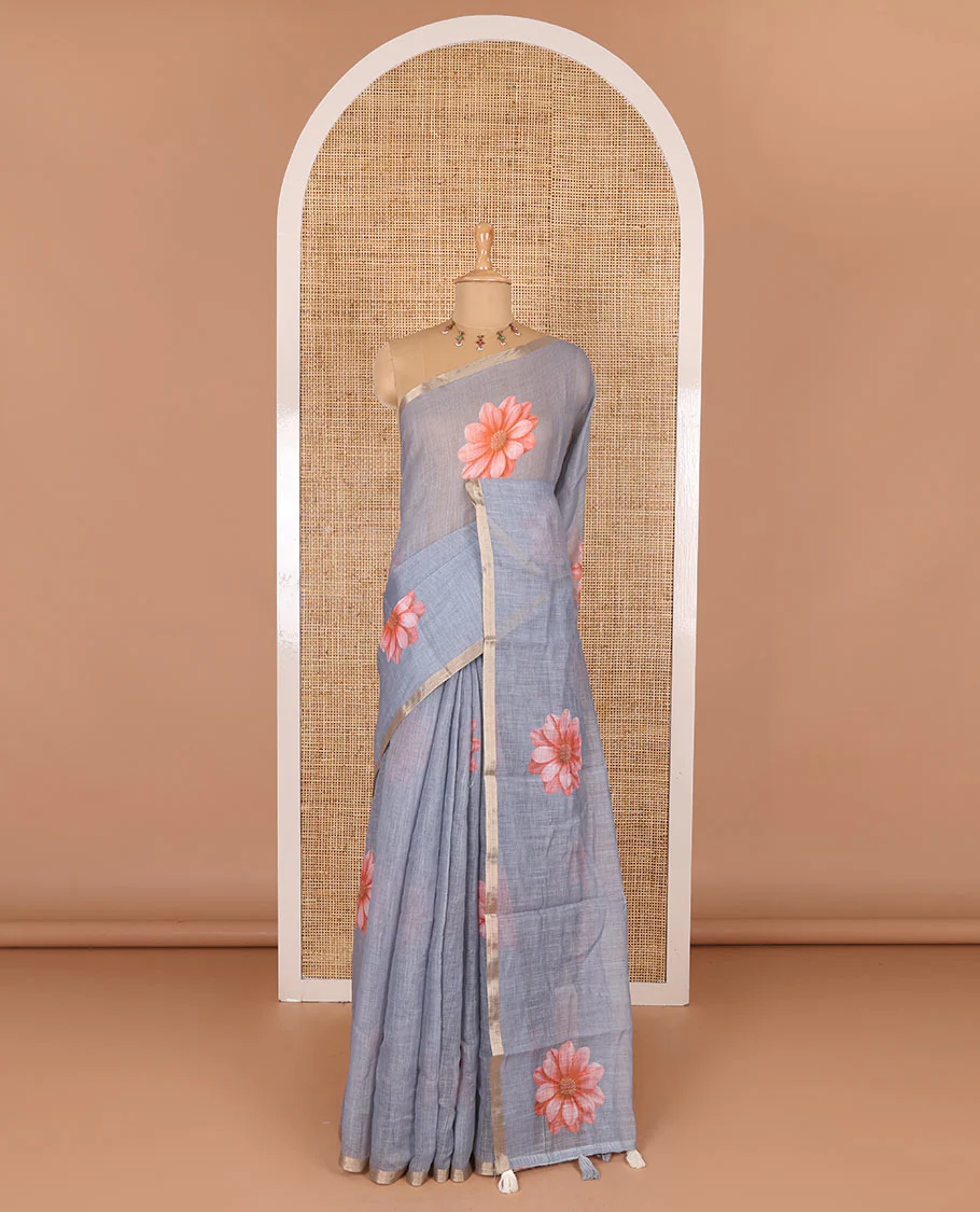Grey daisy floral printed linen cotton saree, gold zari piping border, daisy floral printed pallu, and matching floral printed blouse - Image 2