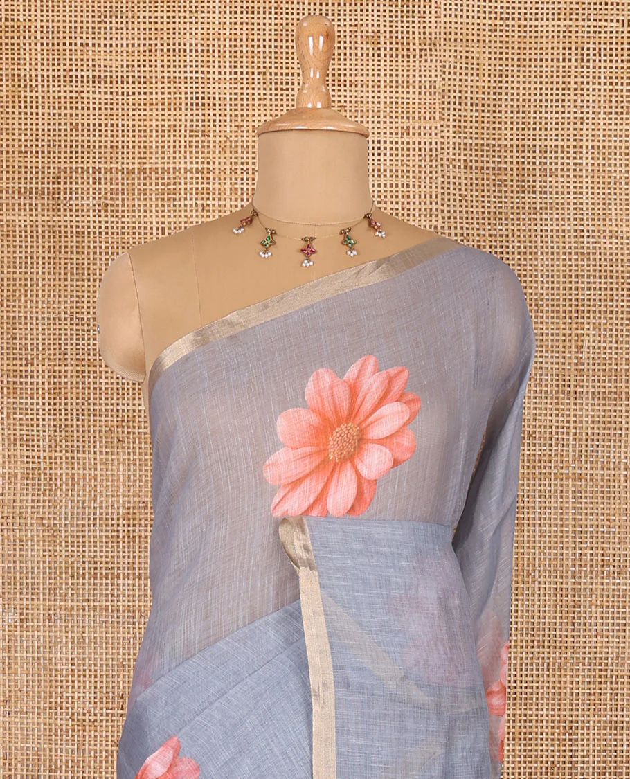 Grey daisy floral printed linen cotton saree, gold zari piping border, daisy floral printed pallu, and matching floral printed blouse - Image 3