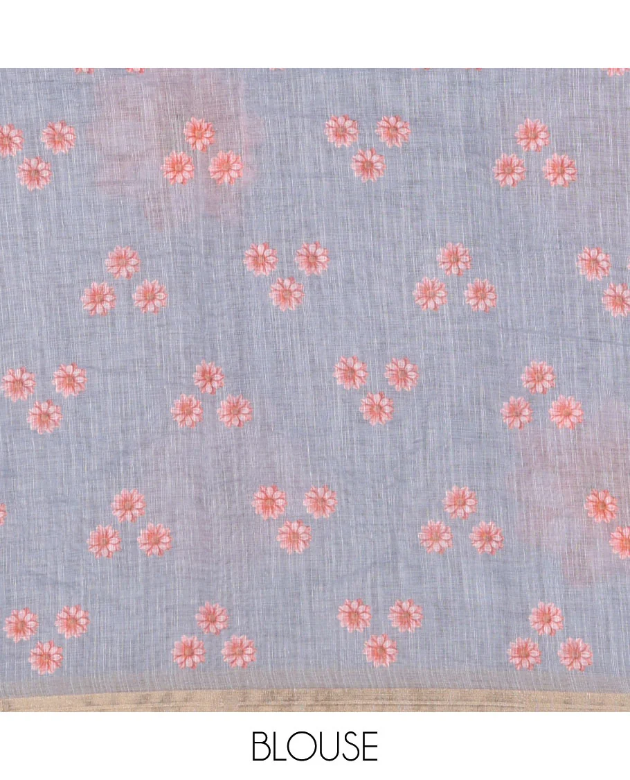 Grey daisy floral printed linen cotton saree, gold zari piping border, daisy floral printed pallu, and matching floral printed blouse - Image 4