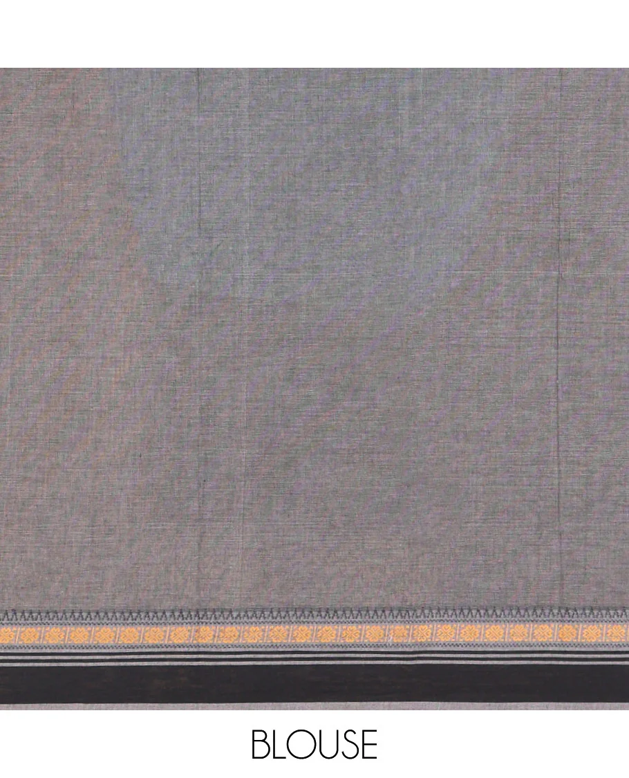 Grey deer motifs printed Mangalagiri cotton saree, traditional motifs thread border, striped pallu, and matching blouse - Image 3