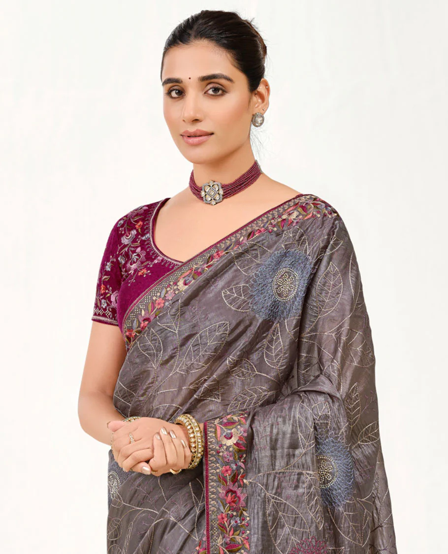 Grey Designer Saree Features Floral Embroidered and Stonework on Its Body, an Embroidered Border, a Self-Pallu, and a Contrast Embroidered Blouse - Image 2
