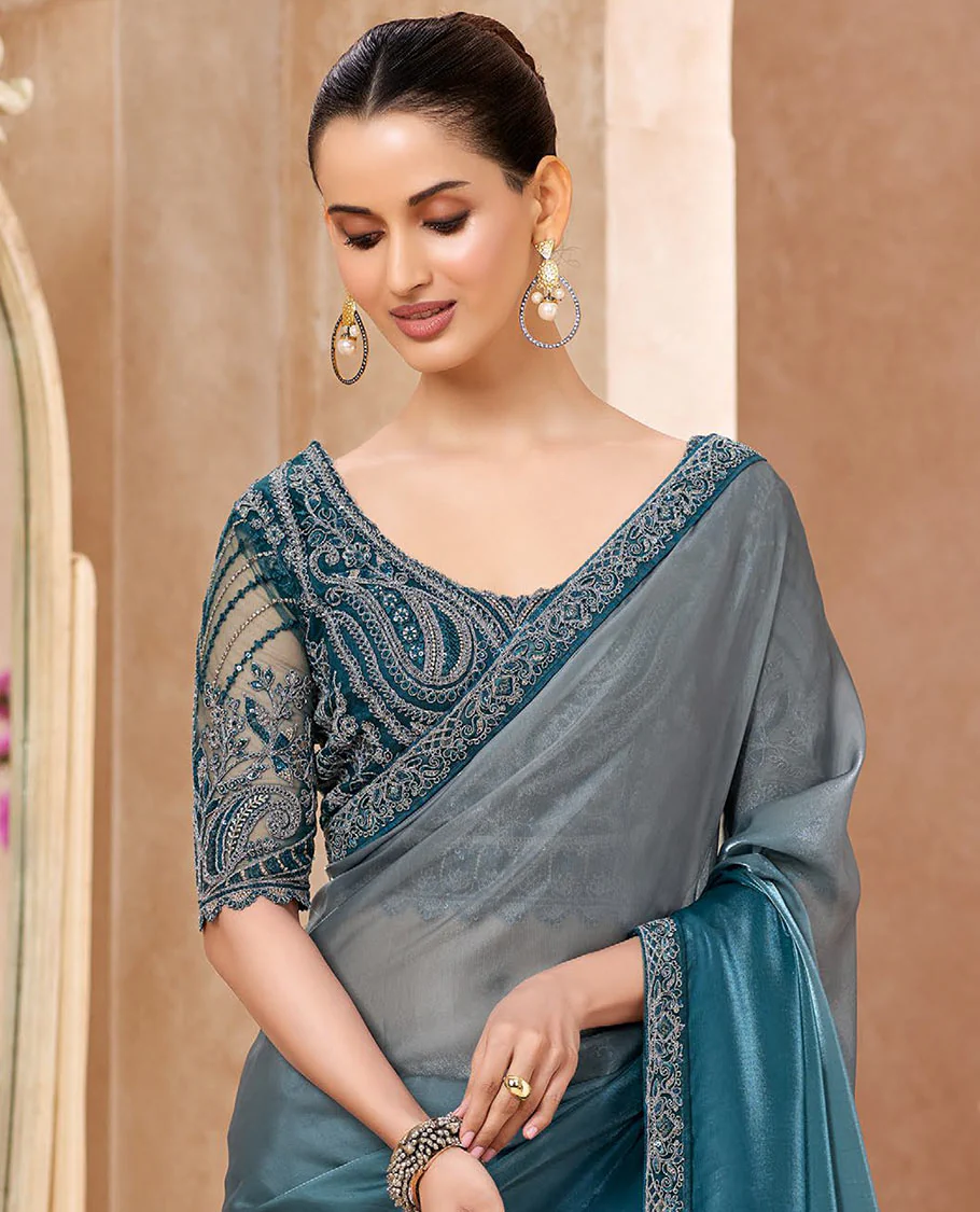 Grey Designer Saree Featuring Ombre-Color Dyed All Over the Saree, Decked Up with Embroidered Border, and Comes with a Contrast Intricately Embroidered Blouse - Image 2