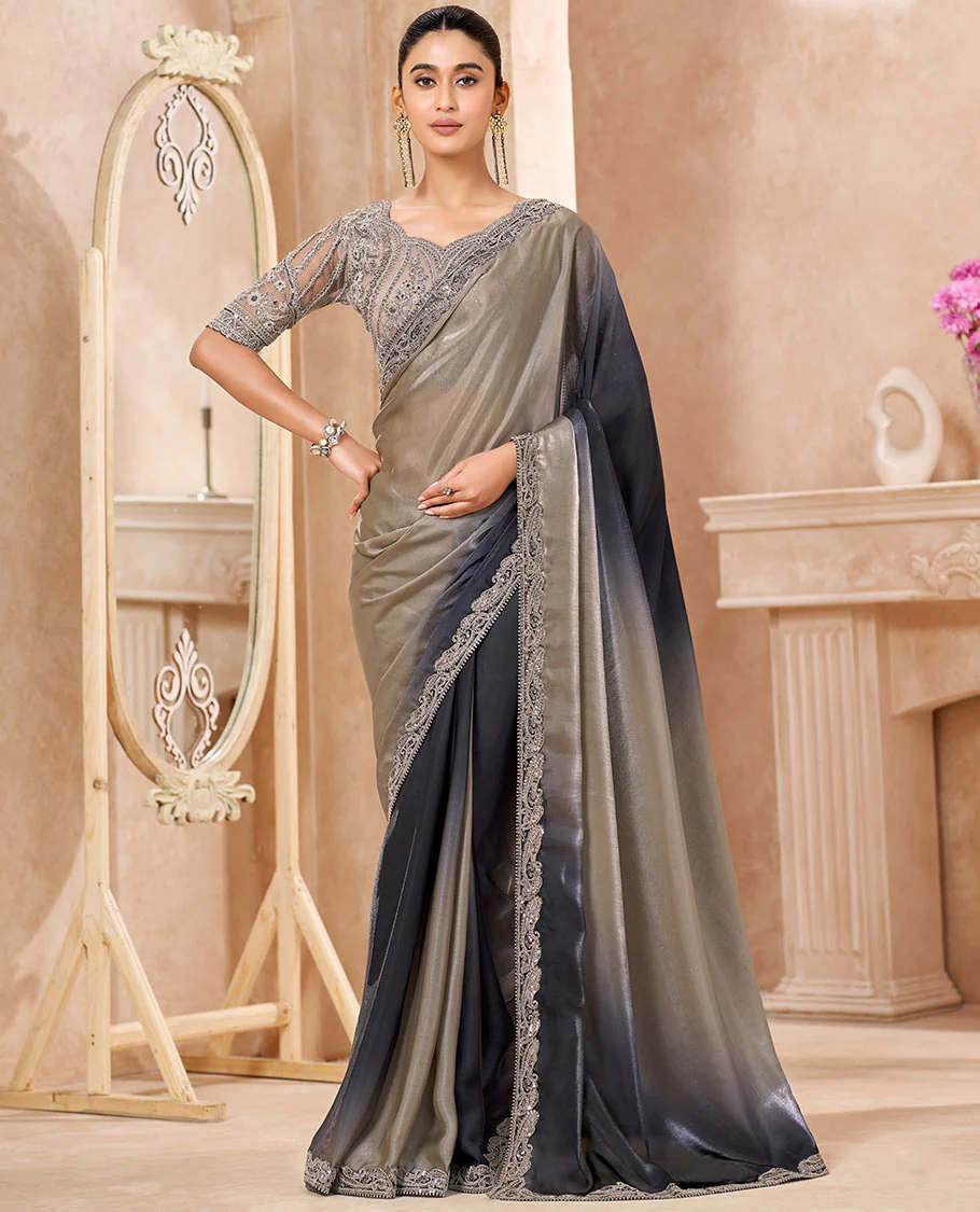 Grey Designer Saree Featuring Ombre-Color Dyed All Over the Saree, Highlighted with Paisley Motifs Embroidered Scallop Border, and Comes with a Contrast Paisley Embroidered Blouse