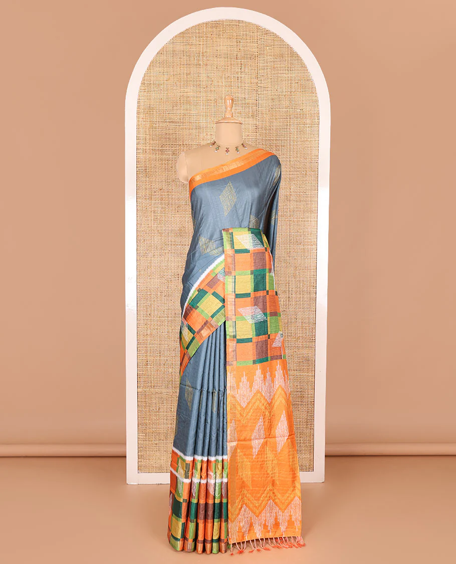 Grey diamond motifs printed katan silk saree, contrast checked border of diamonds buttas, geometric printed pallu, and a contrast blouse - Image 2