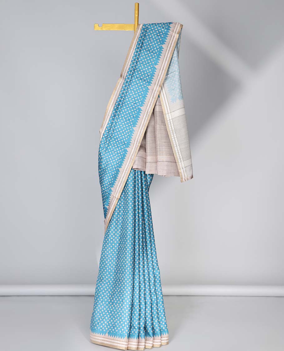 Grey diamond motifs semi-banaras art tussar saree, contrast vidarbha border & striped pallu - Image 5