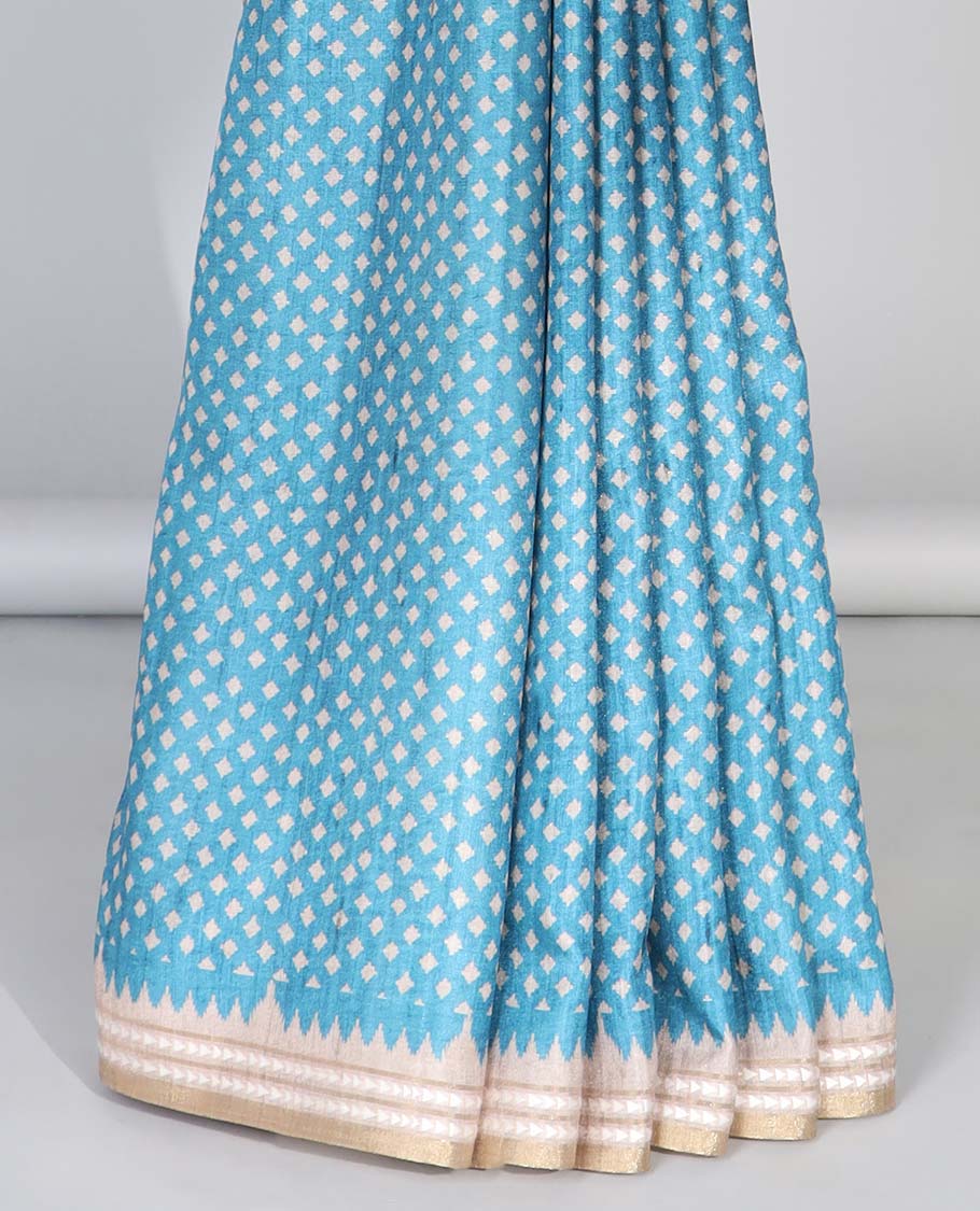 Grey diamond motifs semi-banaras art tussar saree, contrast vidarbha border & striped pallu - Image 7