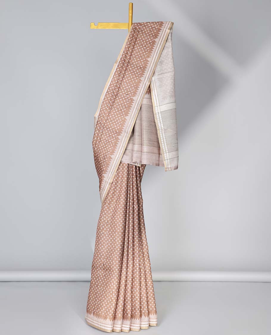 Grey diamond motifs semi-banaras art tussar saree, contrast vidarbha border & striped pallu - Image 9