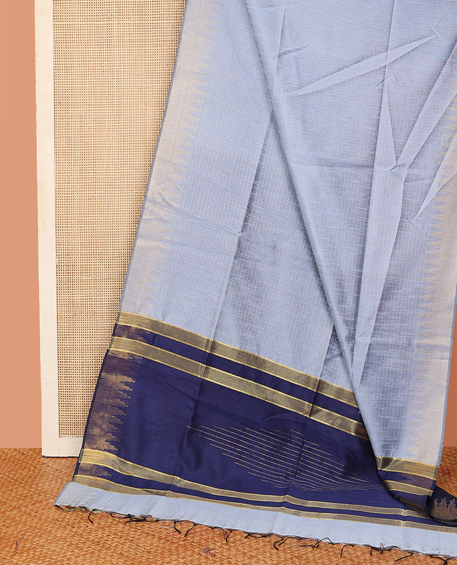 Grey dotted striped dupion saree, temple border, and contrast pallu of temple and stripes - Image 2