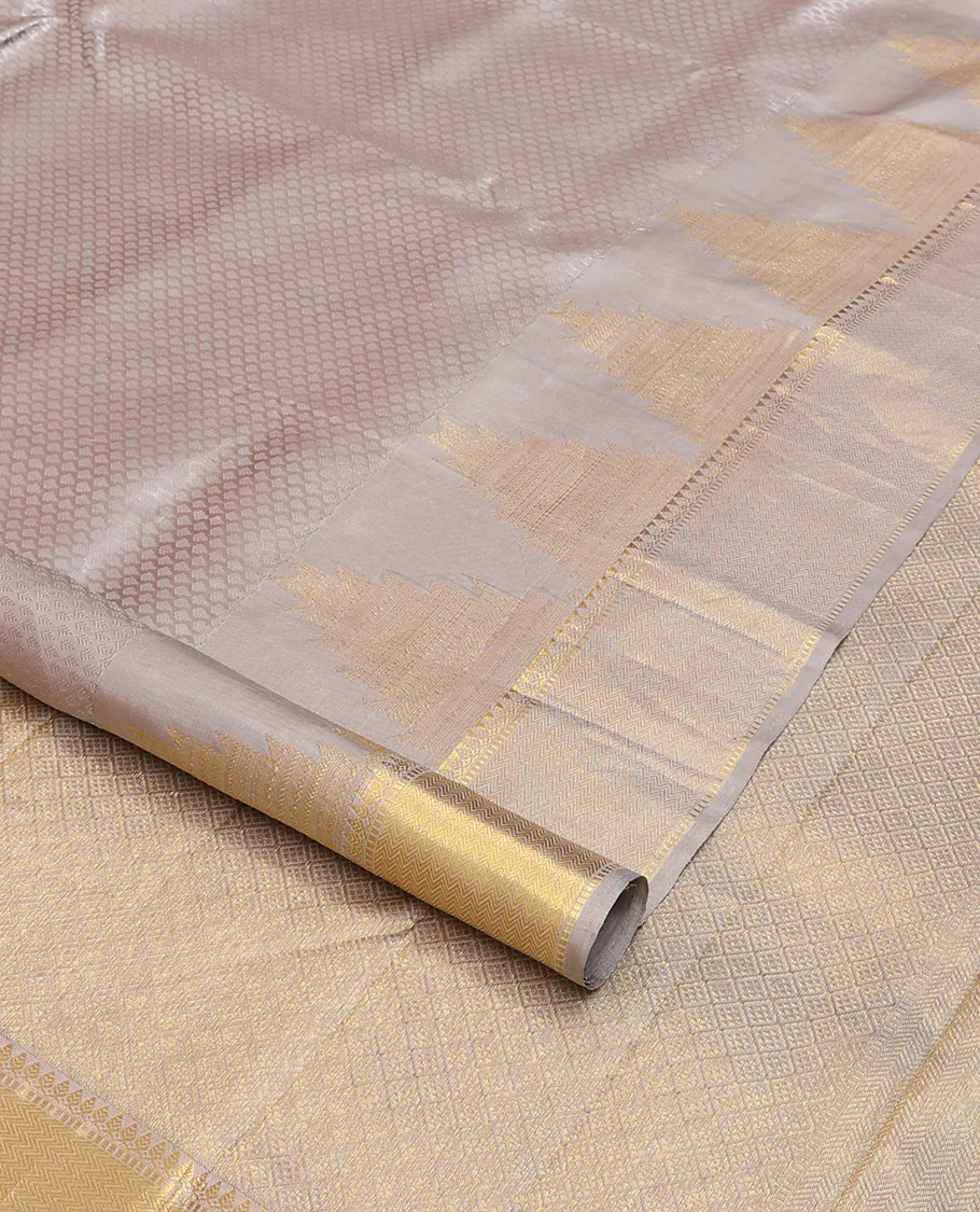 Grey embossed Parampara silk saree, thazampoo rekku golden zari border of thilakam mokku, muthu, and vanki designs, and zari rich jaal pallu - Image 2