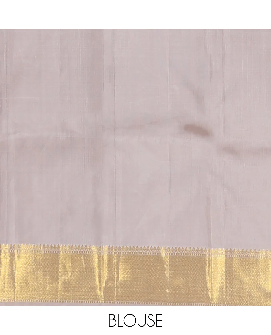 Grey embossed Parampara silk saree, thazampoo rekku golden zari border of thilakam mokku, muthu, and vanki designs, and zari rich jaal pallu - Image 6