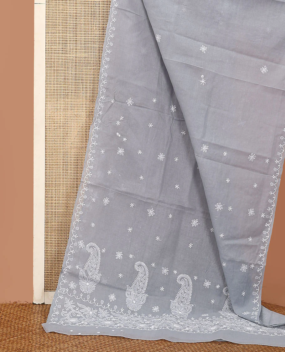 Grey embroidered buttas Lucknowi chikankari saree, thread embroidered border, and floral-paisley motifs embroidered pallu - Image 2