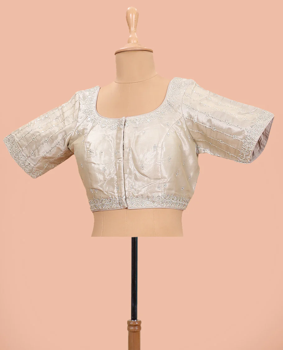 Grey embroidered round neck with elbow sleeve raw-silk blouse