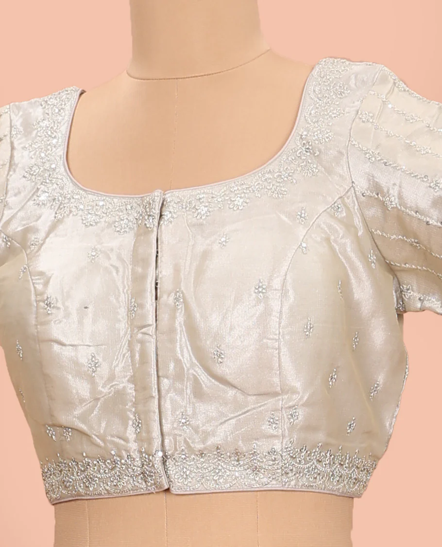 Grey embroidered round neck with elbow sleeve raw-silk blouse - Image 2