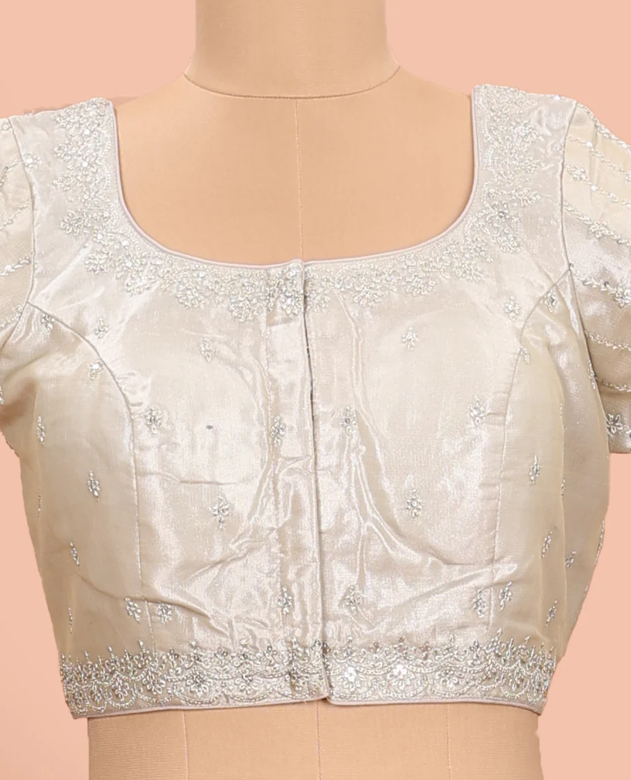Grey embroidered round neck with elbow sleeve raw-silk blouse - Image 3