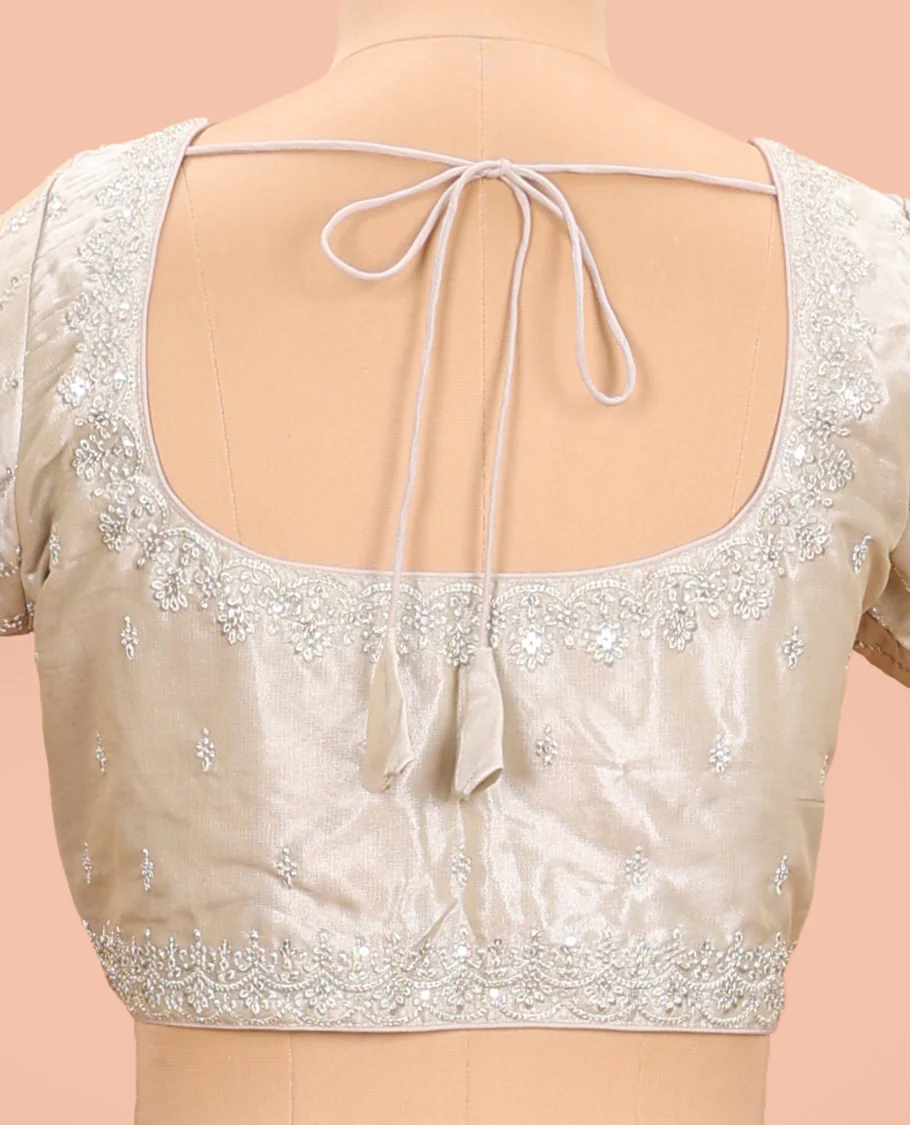 Grey embroidered round neck with elbow sleeve raw-silk blouse - Image 4