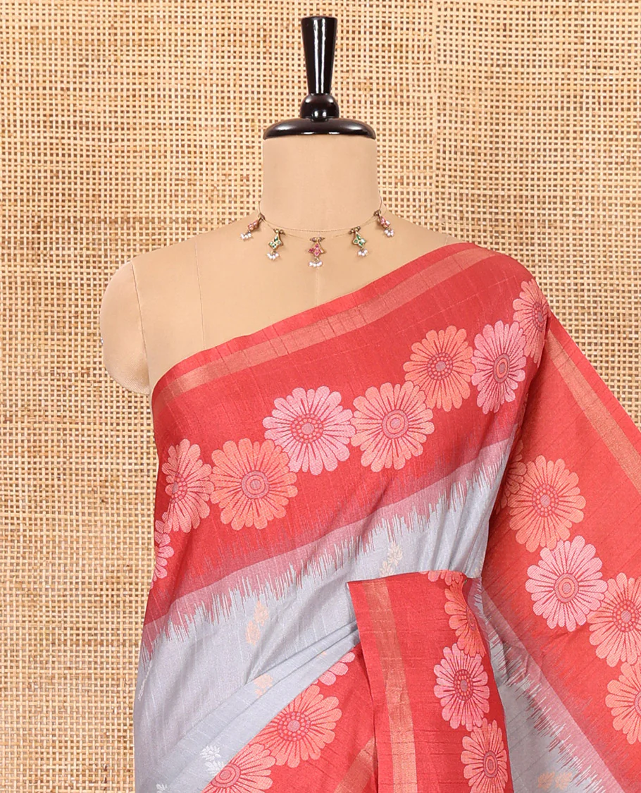 Grey floral buttas katan silk saree, contrast floral motifs border, pallu adorned with floral designs, and a contrast lotus flower printed blouse - Image 2