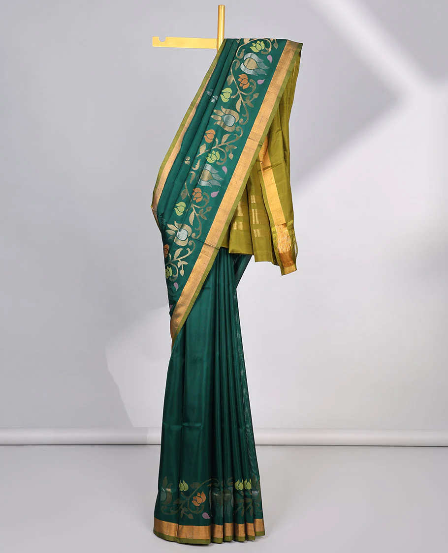 Green floral design uppada silk saree with contrast zari border & striped, floral zari design pallu - Image 2