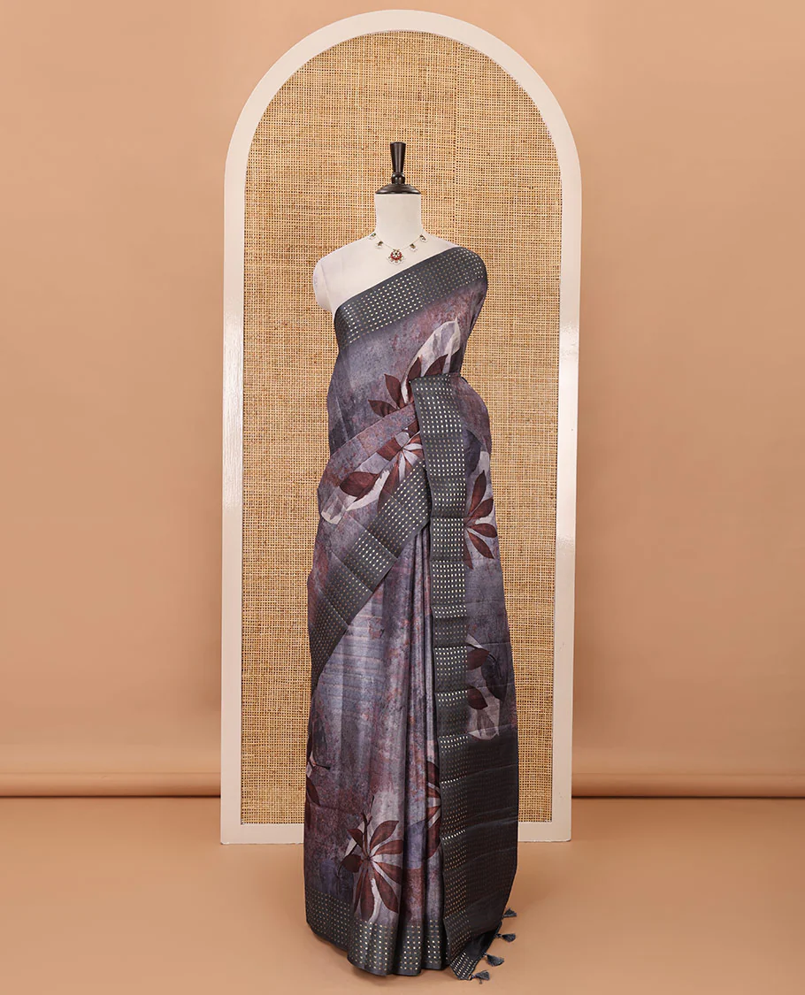 Grey floral-leaf eco-digital printed fancy tussar saree, zari border, pallu of dobby-style buttas & matching blouse of print & zari work - Image 2