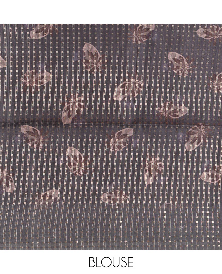 Grey floral-leaf eco-digital printed fancy tussar saree, zari border, pallu of dobby-style buttas & matching blouse of print & zari work - Image 4