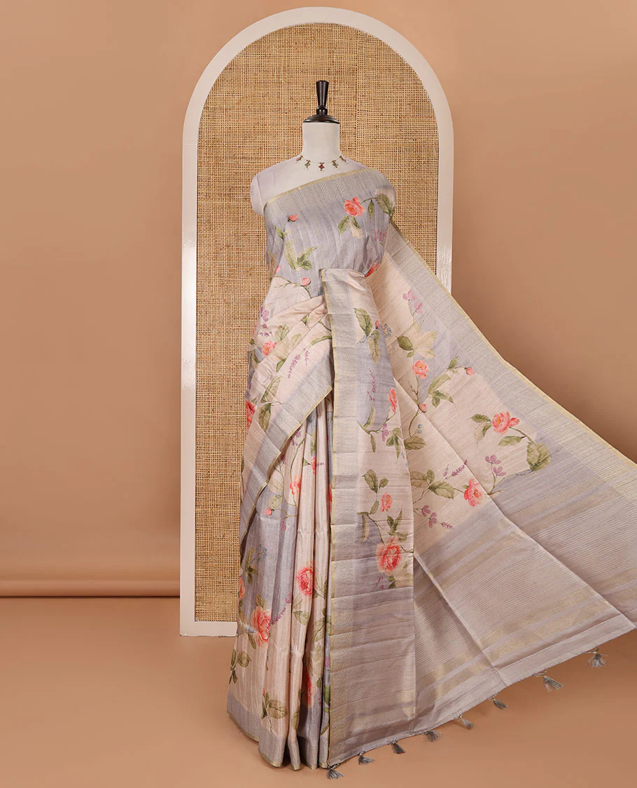 Grey floral-leaf printed fancy tussar silk saree, zari woven border & zari striped pallu & matching stripes & floral printed blouse