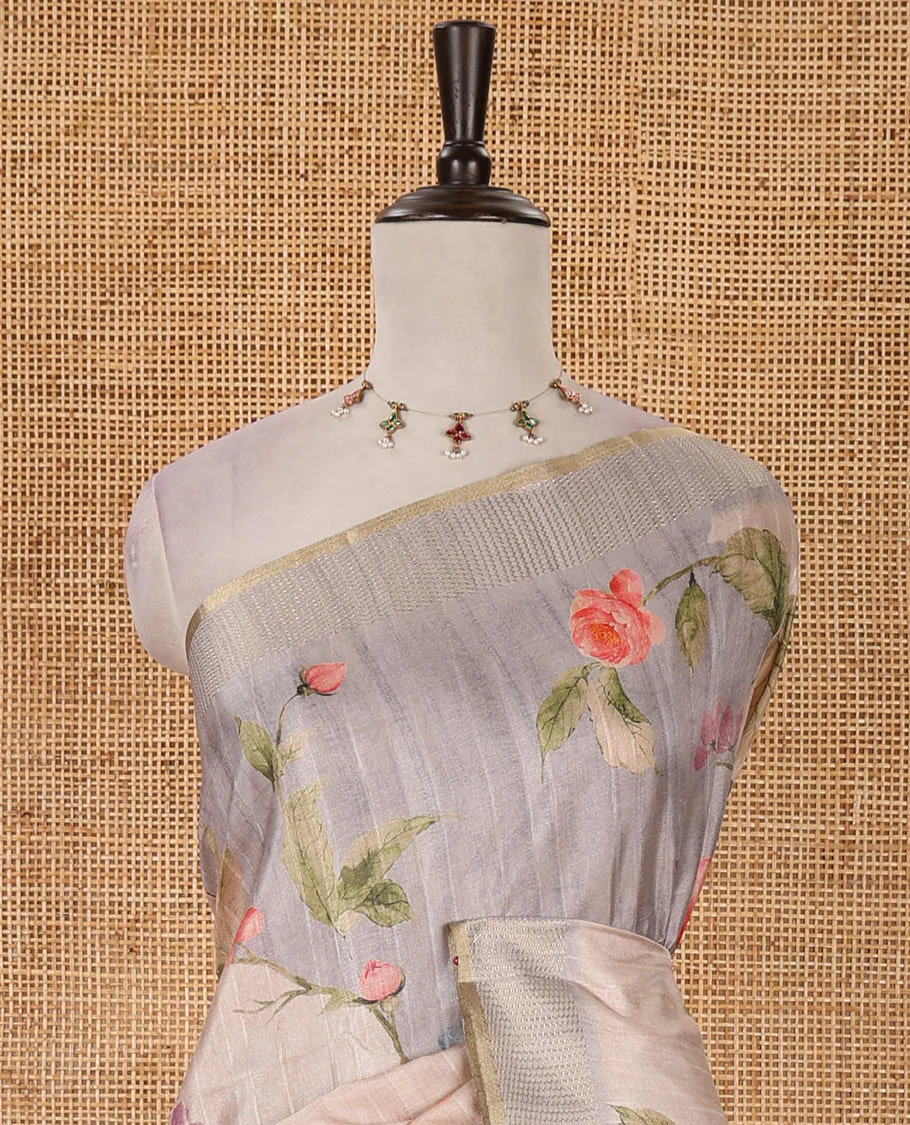 Grey floral-leaf printed fancy tussar silk saree, zari woven border & zari striped pallu & matching stripes & floral printed blouse - Image 3