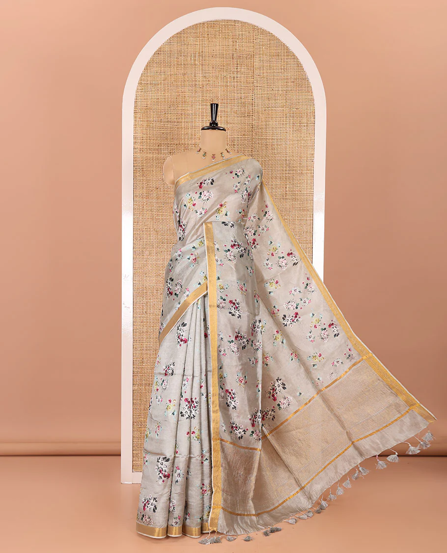 Grey floral motifs digital printed banana pith saree, piping border, striped pallu, and floral printed blouse