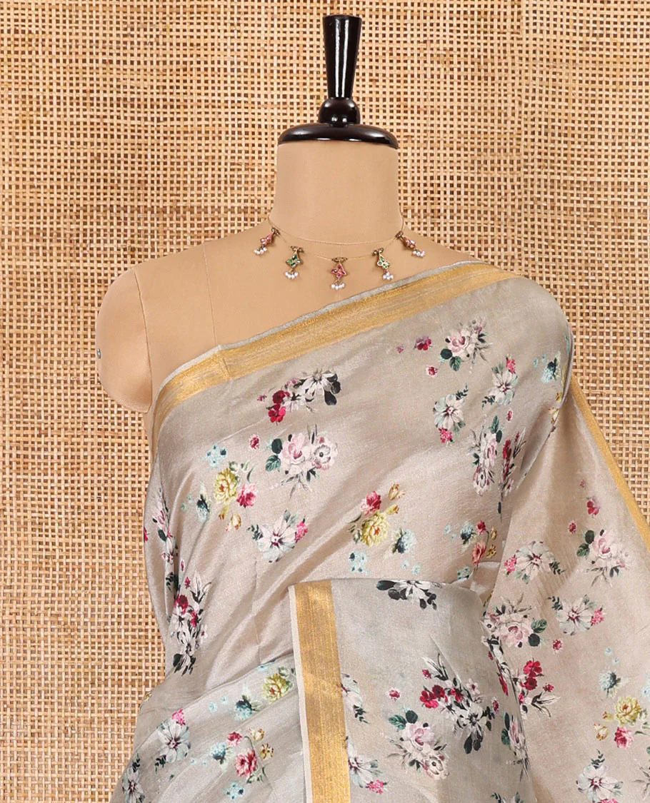 Grey floral motifs digital printed banana pith saree, piping border, striped pallu, and floral printed blouse - Image 2