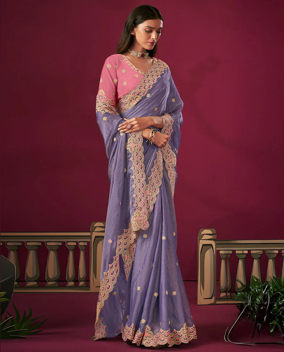 Grey Floral Motifs Embroidered Designer Saree with Embroidered Scallop Borders, Embroidered Pallu, and a Contrast Embroidered Blouse