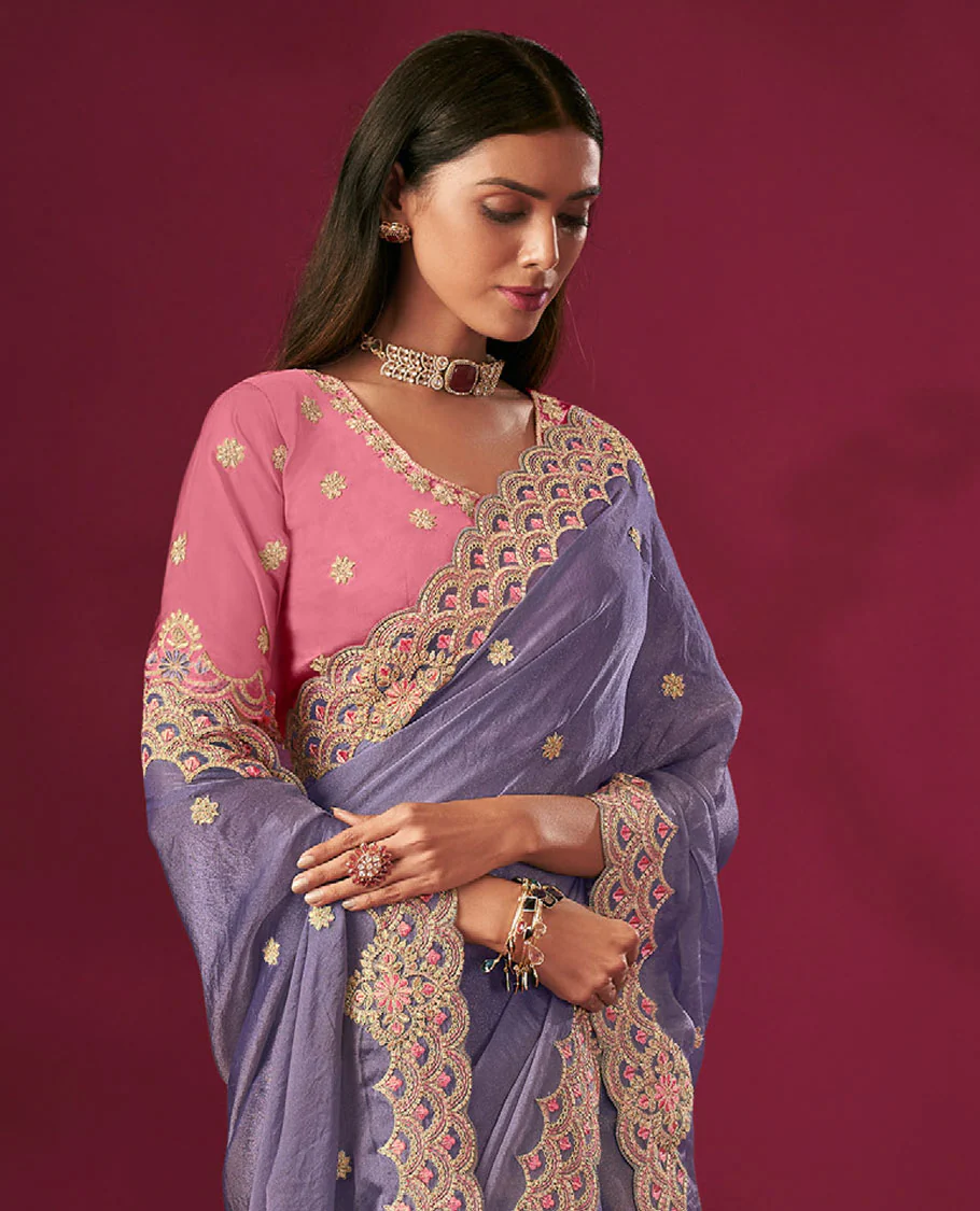 Grey Floral Motifs Embroidered Designer Saree with Embroidered Scallop Borders, Embroidered Pallu, and a Contrast Embroidered Blouse - Image 2