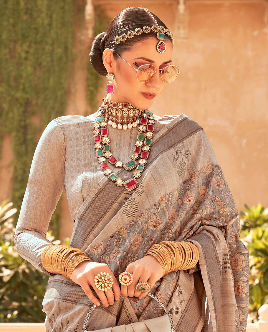 Grey floral motifs printed designer catalog saree, contrast floral motifs border, and pallu of temple plain pallu - Image 2