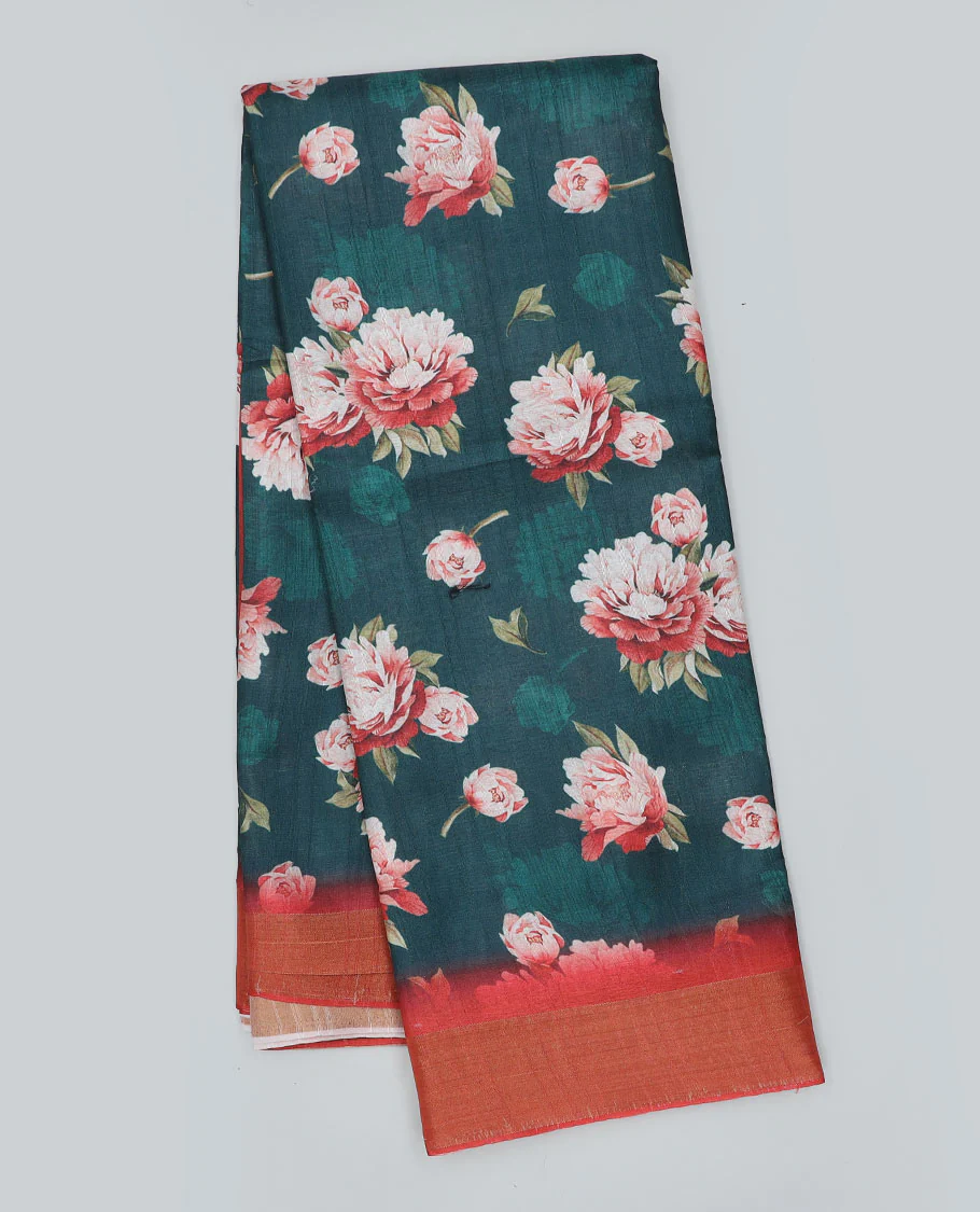 Grey floral printed semi-banaras dola saree, contrast border - Image 5