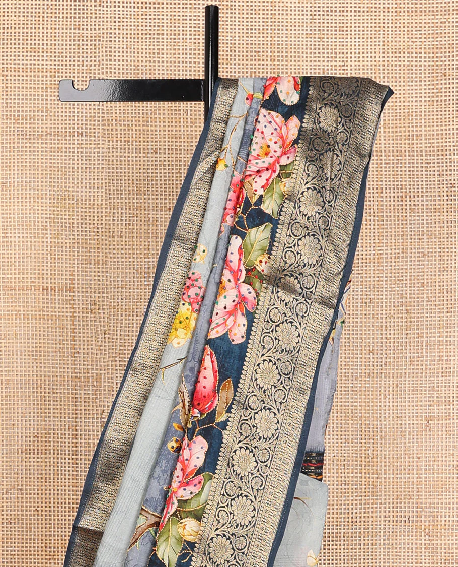 Grey floral printed with French knot embroidered dola silk saree, contrast traditional zari design border & French knot thread embroidered pallu - Image 3