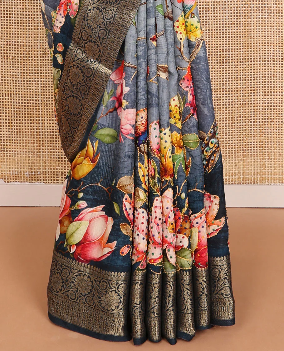 Grey floral printed with French knot embroidered dola silk saree, contrast traditional zari design border & French knot thread embroidered pallu - Image 4