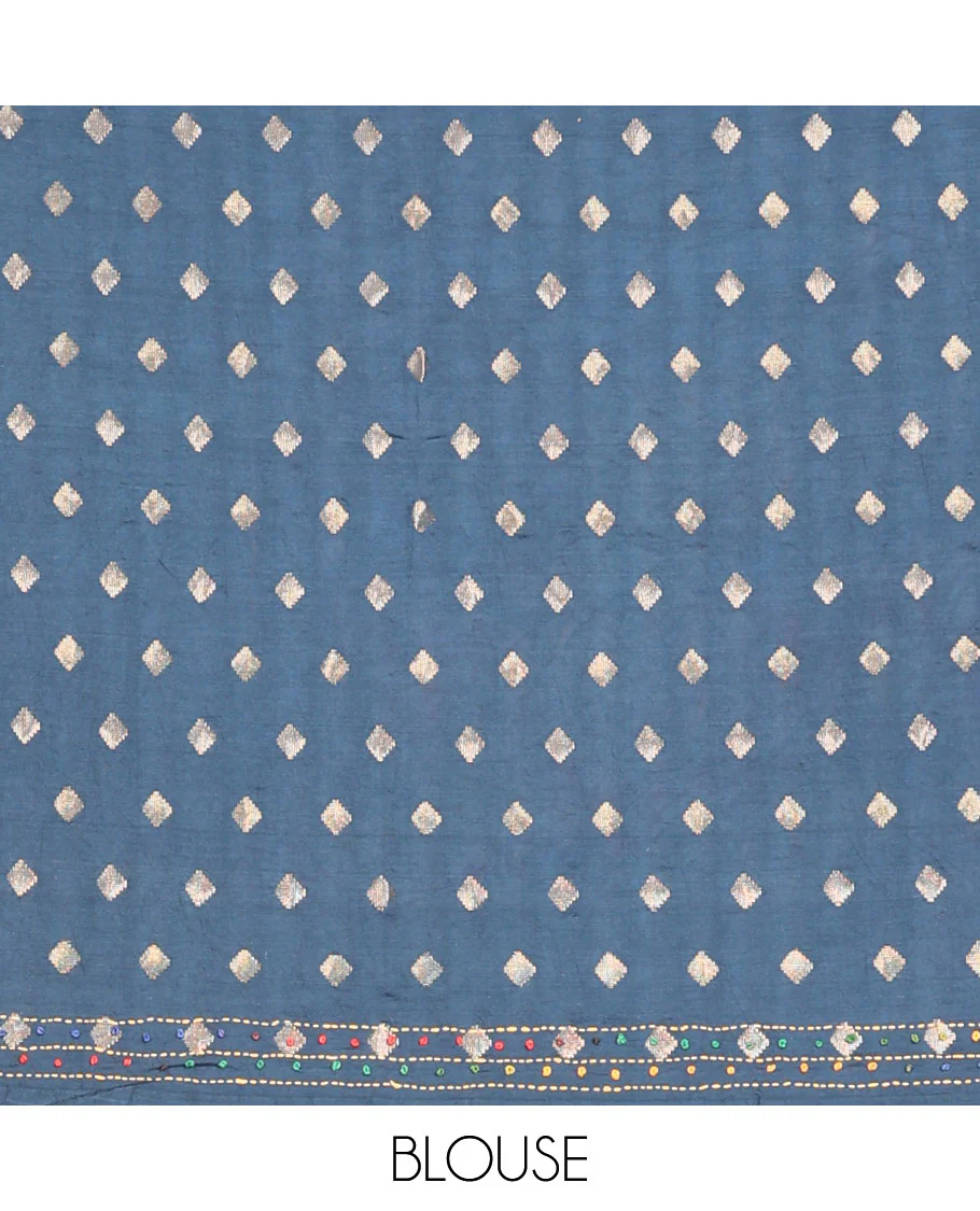 Grey floral printed with French knot embroidered dola silk saree, contrast traditional zari design border & French knot thread embroidered pallu - Image 5