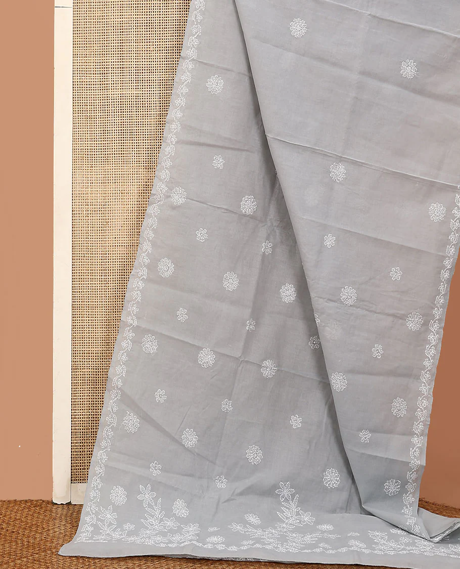 Grey floral thread embroidered buttas Lucknowi chikankari saree, floral creeper thread embroidered border, and floral embroidered pallu - Image 3