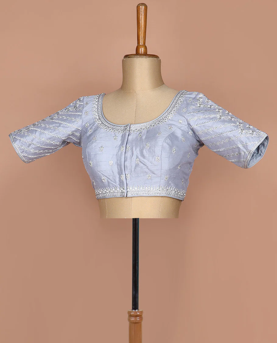 Grey floral thread embroidered round neck elbow sleeve raw silk readymade blouse