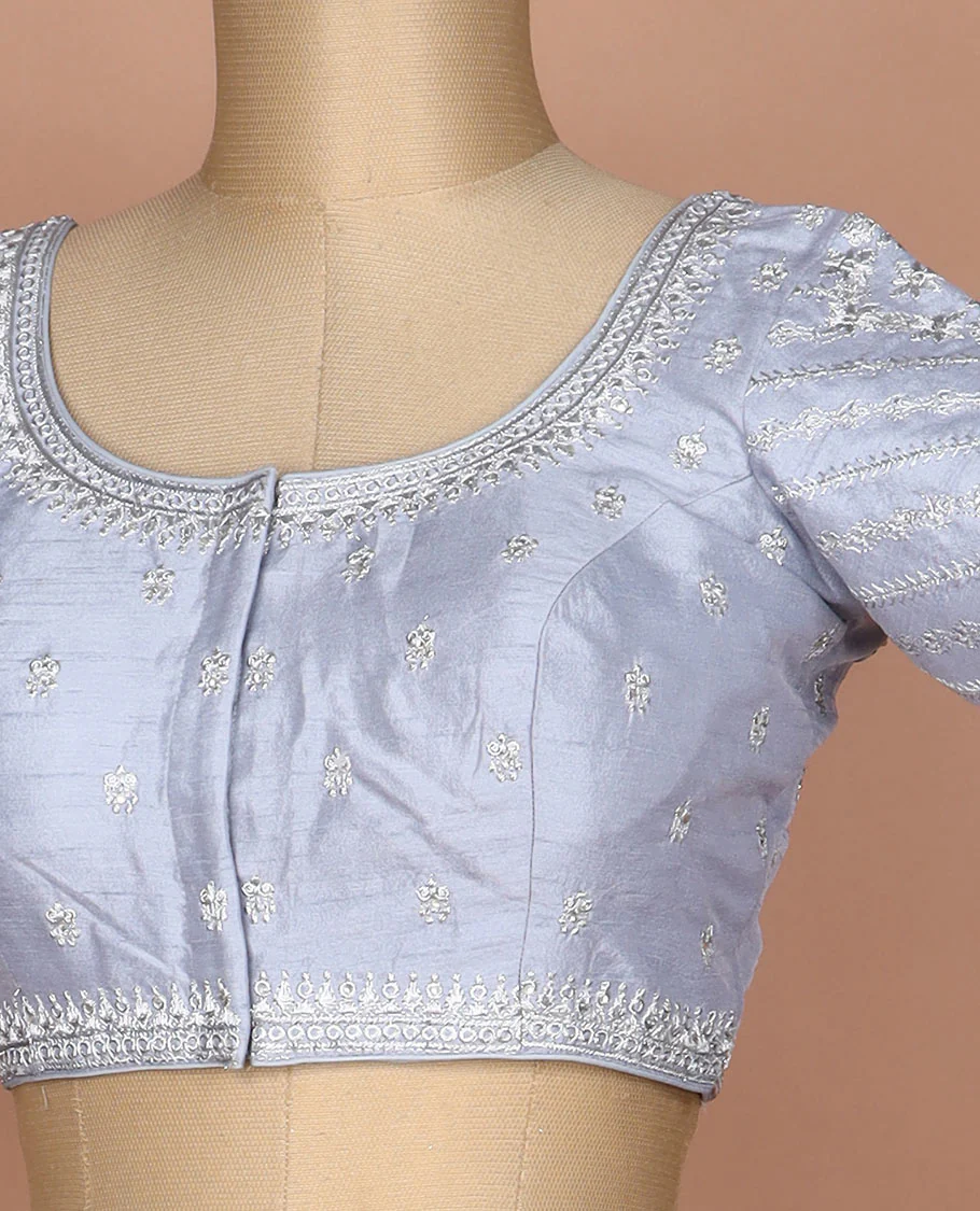 Grey floral thread embroidered round neck elbow sleeve raw silk readymade blouse - Image 2
