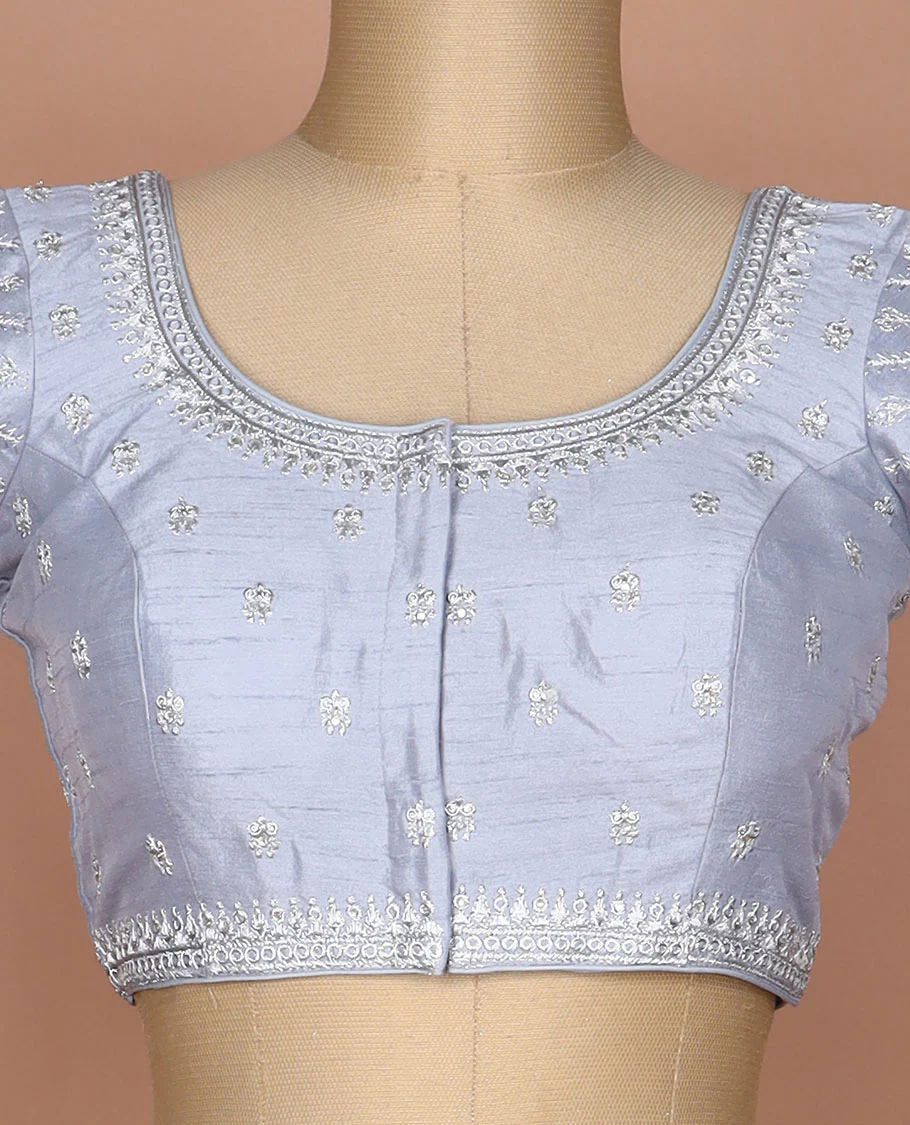 Grey floral thread embroidered round neck elbow sleeve raw silk readymade blouse - Image 3