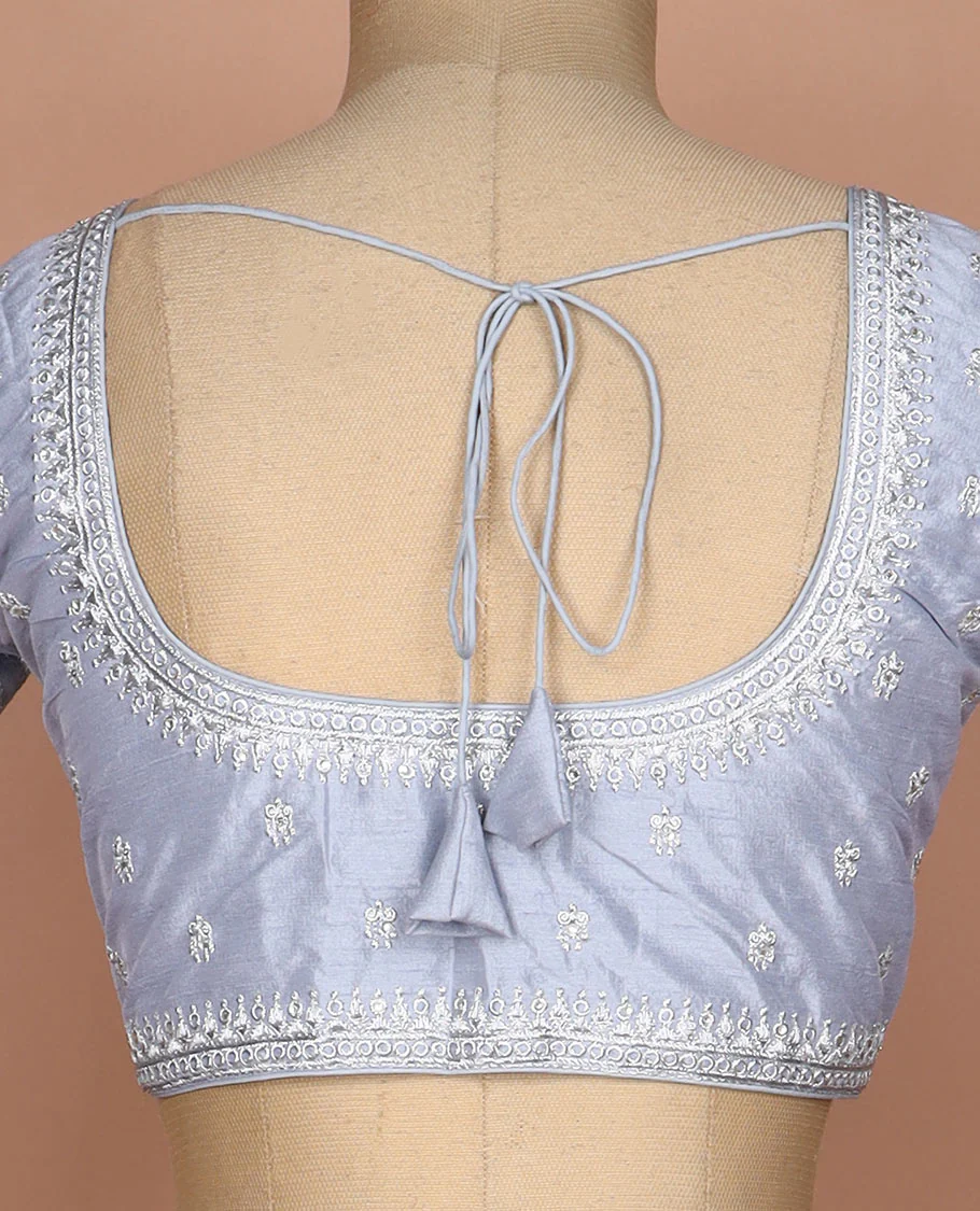 Grey floral thread embroidered round neck elbow sleeve raw silk readymade blouse - Image 4