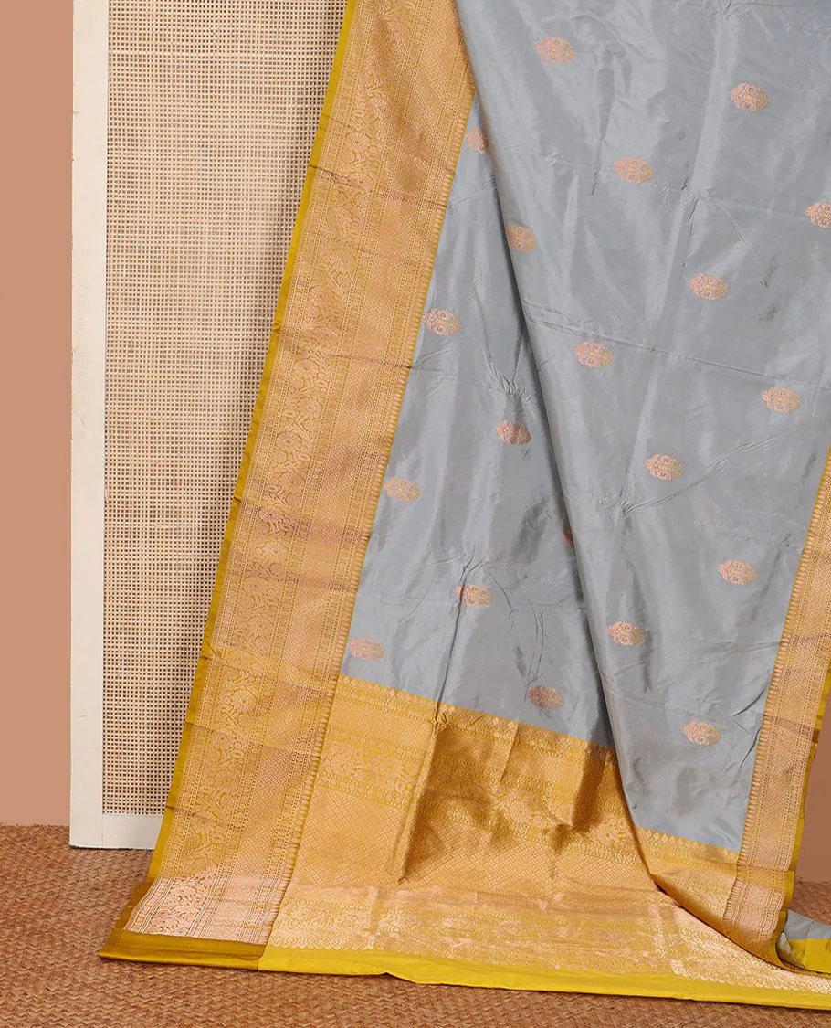 Grey floral zari buttas katan silk saree, contrast traditional zari border, and jaal pallu - Image 2
