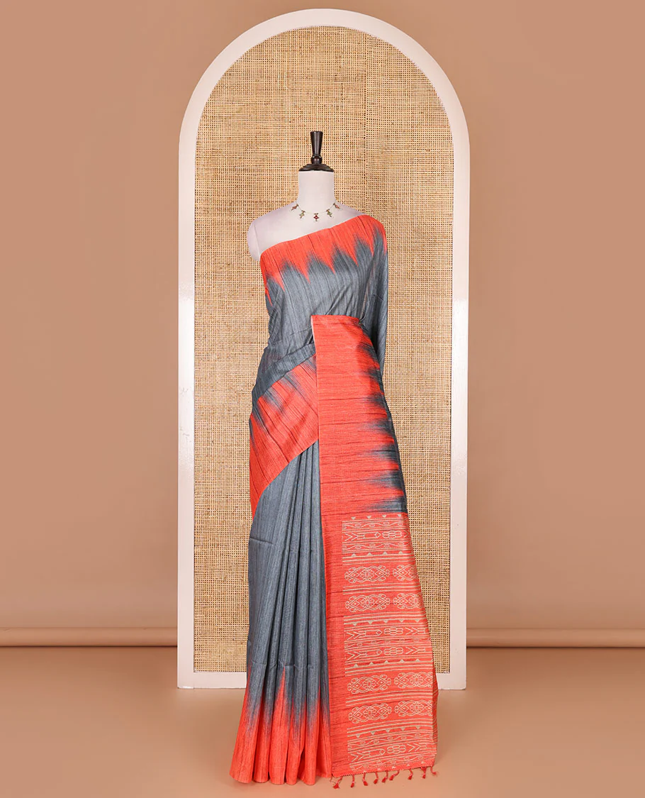Grey full plain katan silk saree, contrast temple border, odisha style printed pallu, and contrast plain blouse - Image 2