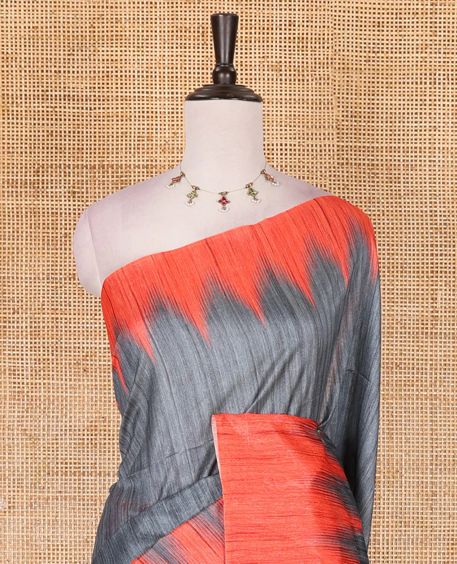 Grey full plain katan silk saree, contrast temple border, odisha style printed pallu, and contrast plain blouse - Image 3