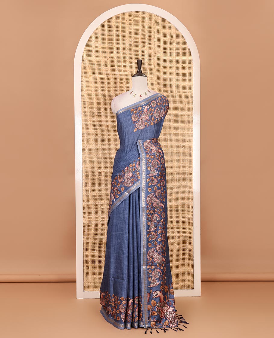 Blue full-plain katan silk saree, double-side kalamkari floral vine and bird printed temple zari border and matching floral vine printed blouse - Image 2