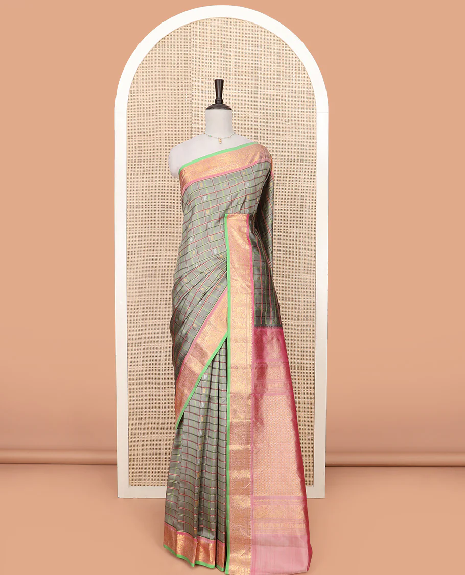 Grey Gadwal Saree Decorated with Buttas and Checks, a Contrasting Border Woven with Traditional Zari Designs, the Pallu Is Complemented by Jaal Design, and a Contrast Blouse - Image 3