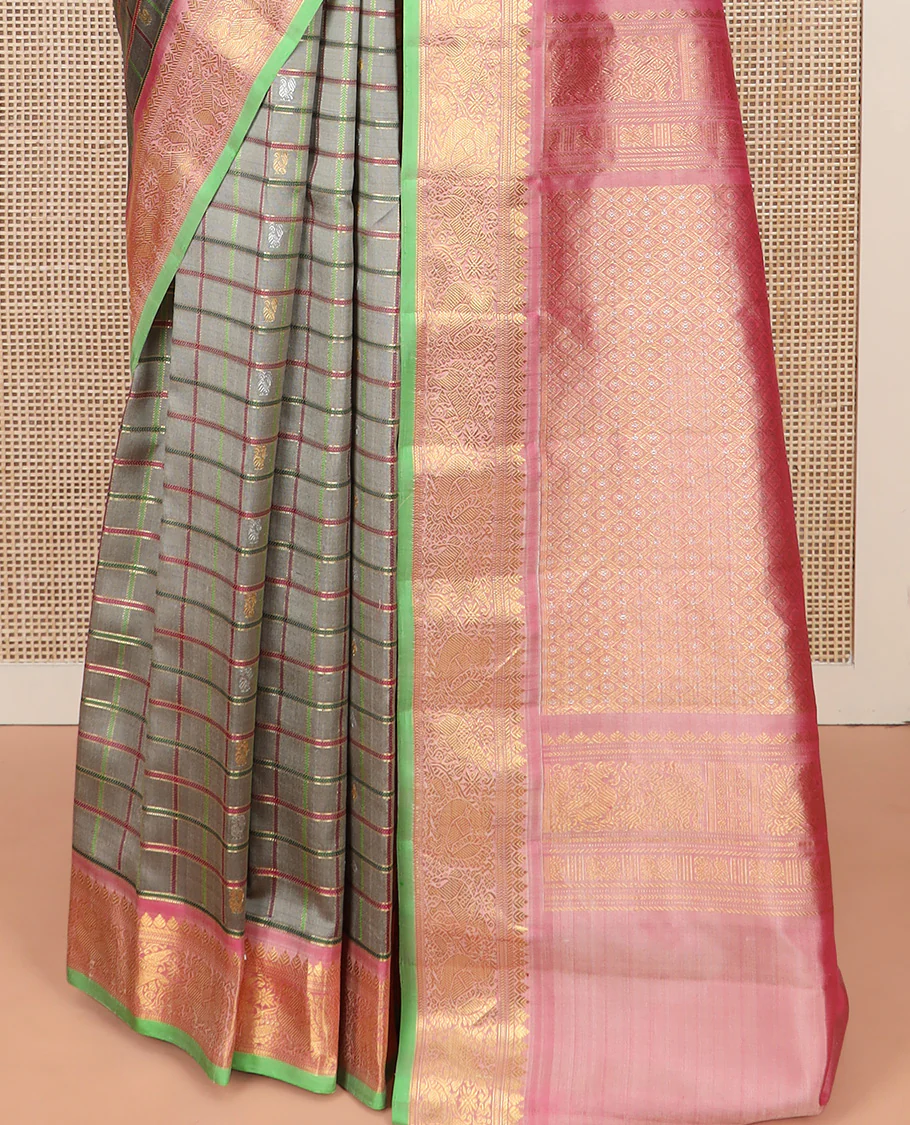 Grey Gadwal Saree Decorated with Buttas and Checks, a Contrasting Border Woven with Traditional Zari Designs, the Pallu Is Complemented by Jaal Design, and a Contrast Blouse - Image 4