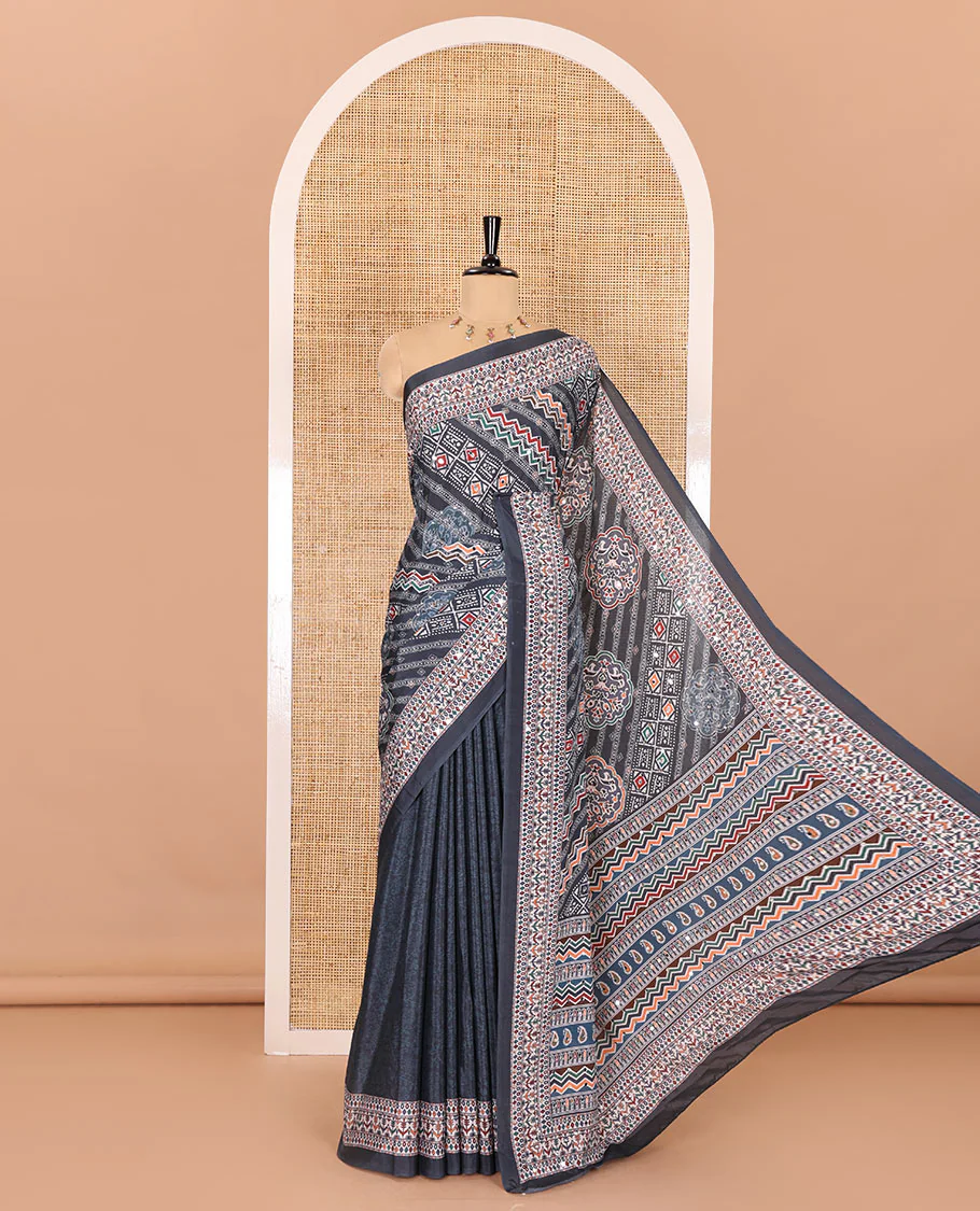 Grey geometric patterns batik style printed and mirror work masakali saree, printed border, geometric printed pallu, and a matching blouse - Image 4