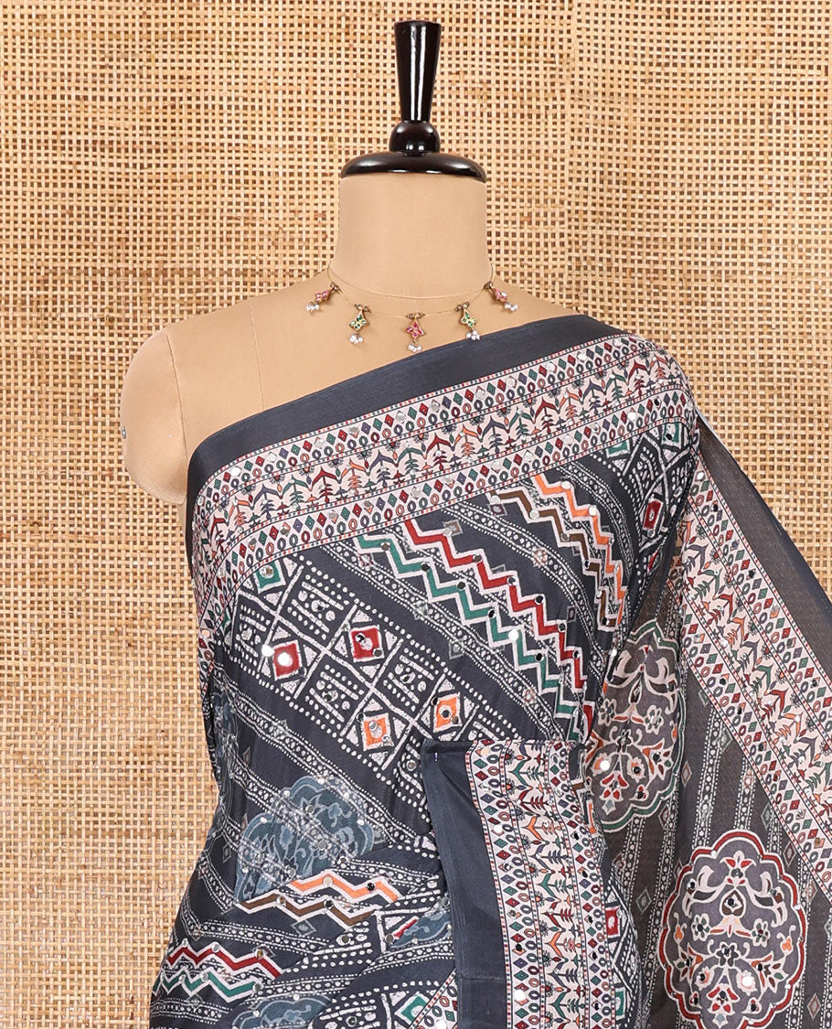 Grey geometric patterns batik style printed and mirror work masakali saree, printed border, geometric printed pallu, and a matching blouse - Image 5