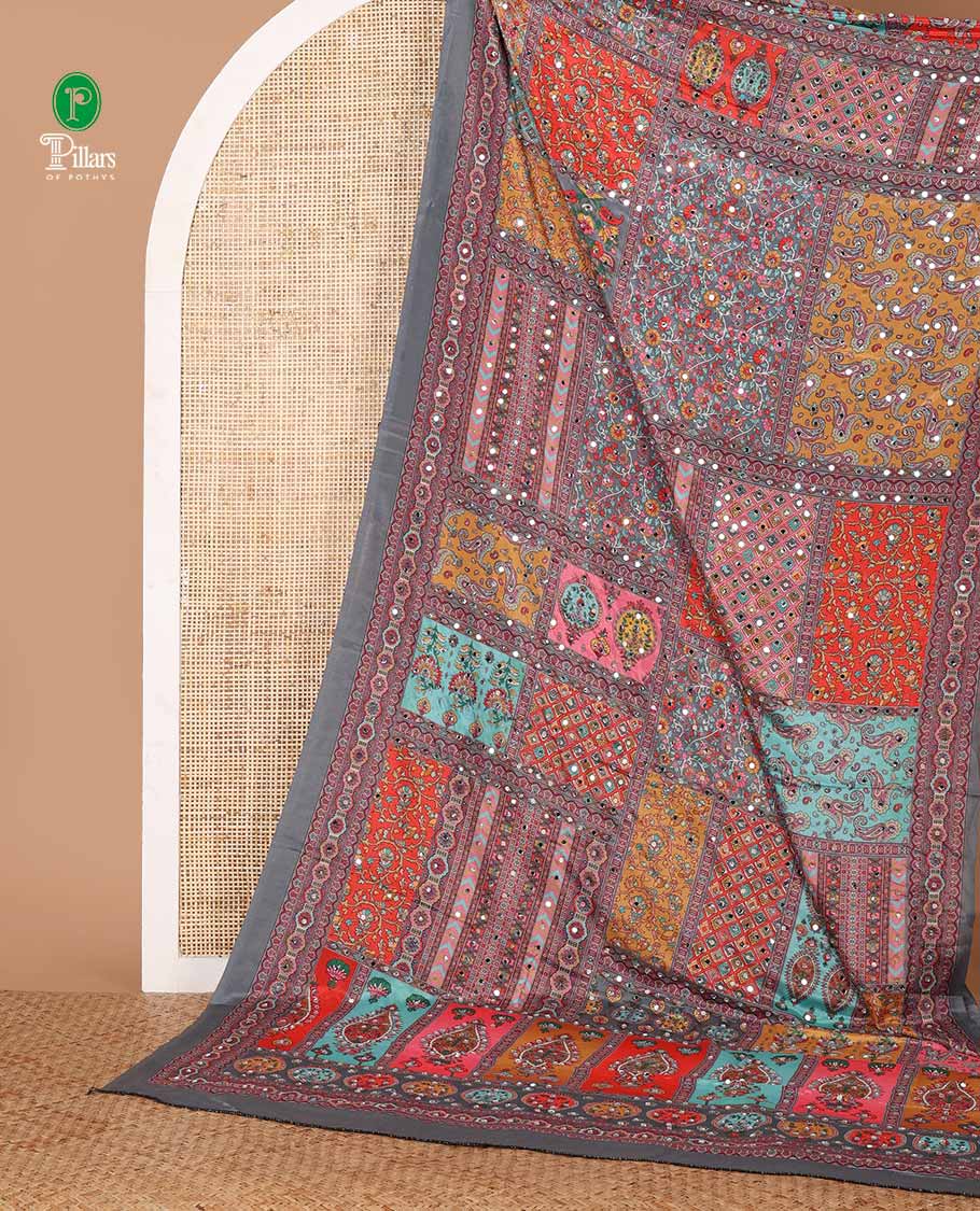 Grey half-&-half colorful geometric printed & mirror work masakali saree, printed border & pallu, plain blouse - Image 2