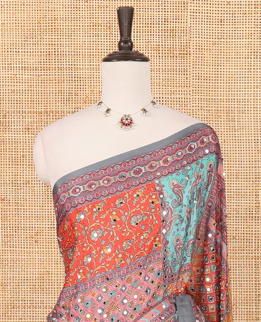 Grey half-&-half colorful geometric printed & mirror work masakali saree, printed border & pallu, plain blouse - Image 3