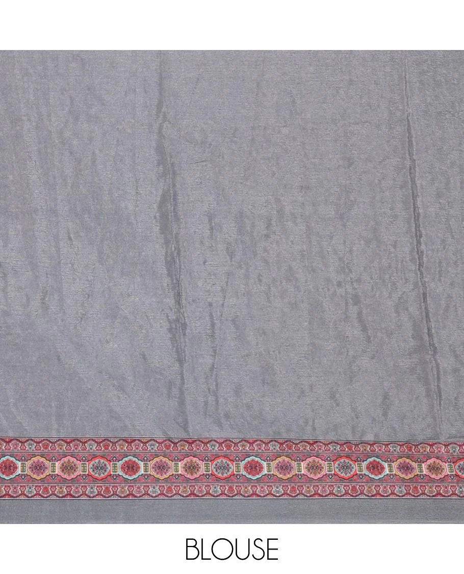 Grey half-&-half colorful geometric printed & mirror work masakali saree, printed border & pallu, plain blouse - Image 4